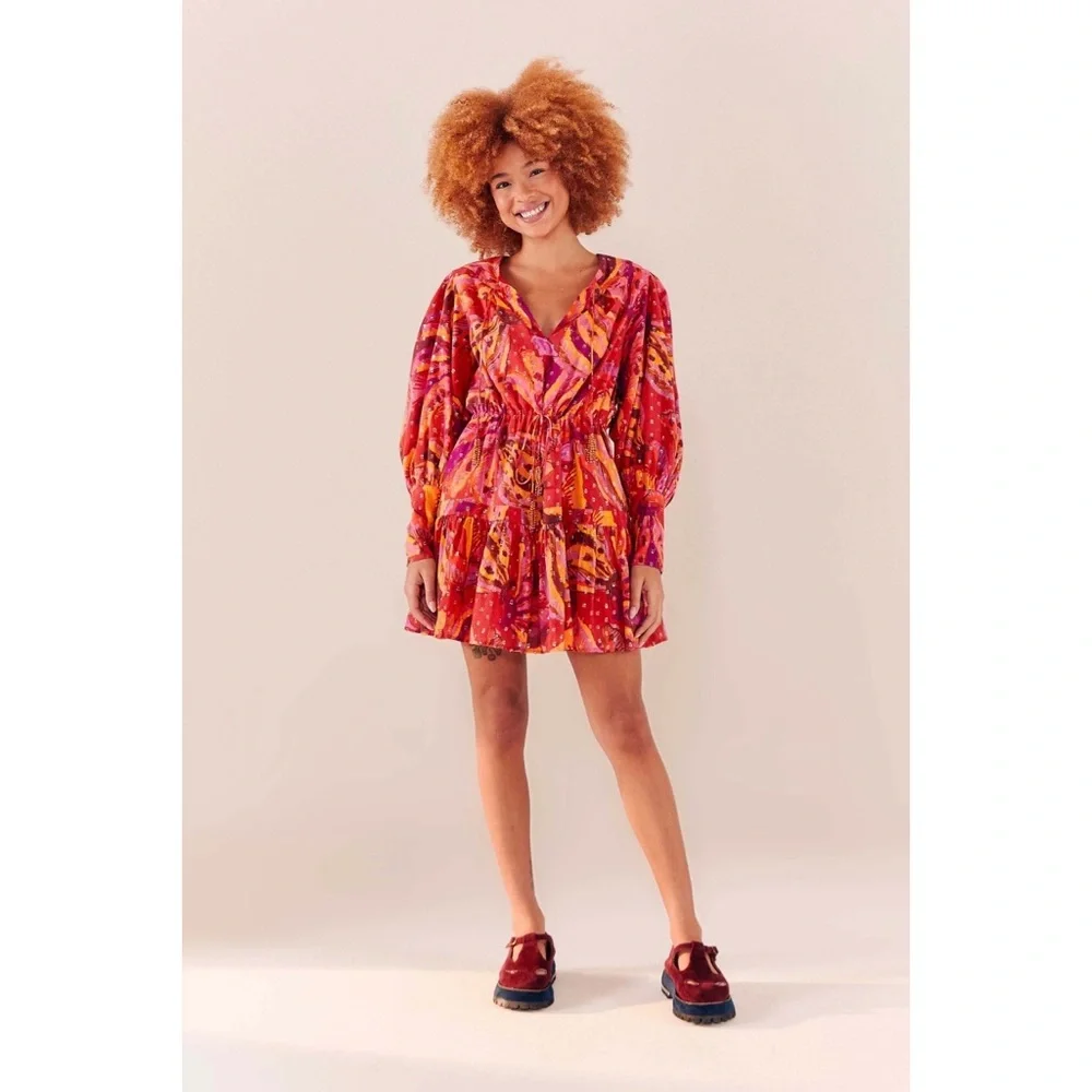 Farm Rio Red Banana Metallic Long Sleeve Mini Dress NWT M L - Picture 11 of 12